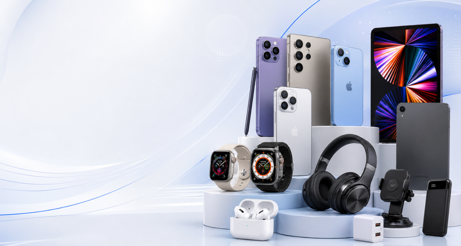 A collection of Apple products displayed on light blue pedestals, including multiple iPhones, an iPad, two Apple Watches, AirPods in a charging case, over-ear headphones, a smartwatch, and a black smartphone, set against a clean white and light blue abstract background.