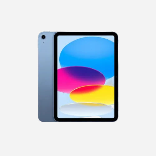 A blue-gray tablet shown from the back and front against a light gray background. The front screen displays a colorful abstract wallpaper with blue, pink, yellow, and red shapes.