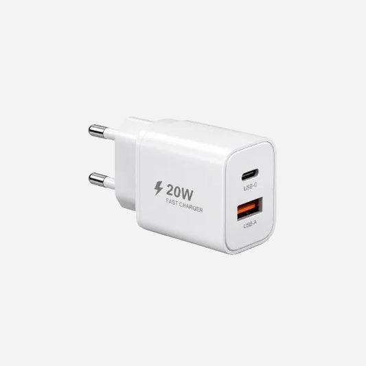 A white 20W fast charging wall adapter with a two-pin European plug, featuring a USB-C port and a USB-A port on its side, set against a light gray background.