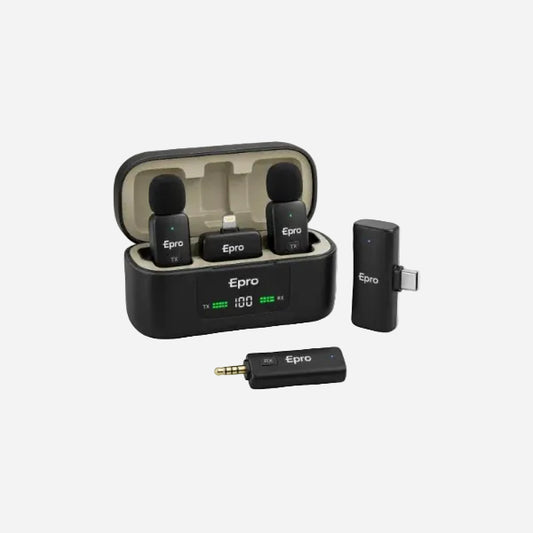 Epro wireless microphone system with an open charging case, two transmitter mics, one receiver, and a 3.5mm audio adapter on a light gray background.