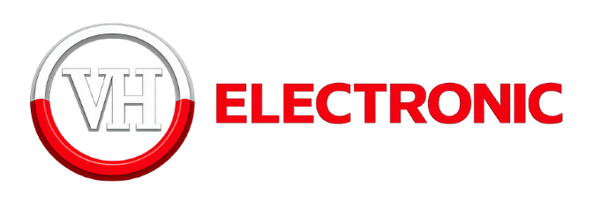 The VH ELECTRONIC logo is displayed on a solid white background. The logo features a circular emblem with a red accent band and the letters 'VH' in white, alongside the word 'ELECTRONIC' in bold red capital letters.